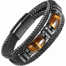 ZLC Tigerauge Armband aus schwarzem Leder für Herren – Schmuck aus natürlichem Tigerauge-Edelstein – Handgefertigtes Armband zum Schutz und zur