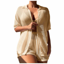 2-delt beige kimono-coverupsæt med shorts til kvinder – korte ærmer, åben front, strandbadetøjscoverup, S
