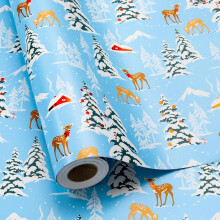 GRA Blue Christmas Wrapping Paper Roll: Trees, Deer, Snowfield Design – Compatible with Holiday, New Year Gifts – 17" x 33 ft