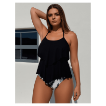 Maillot de bain tankini deux pièces noir à imprimé palmiers pour femme