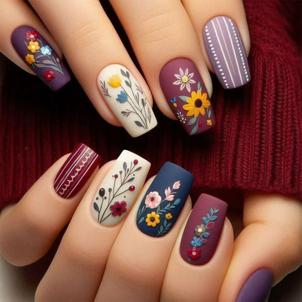 Coffin Press-on Nails Matte Finish with Floral Design 24 pcs