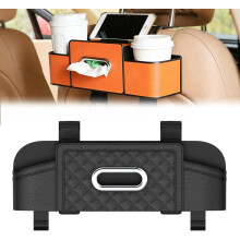 Organizador de carro 5 em 1 com porta-lenços, porta-copos e suporte para celular.