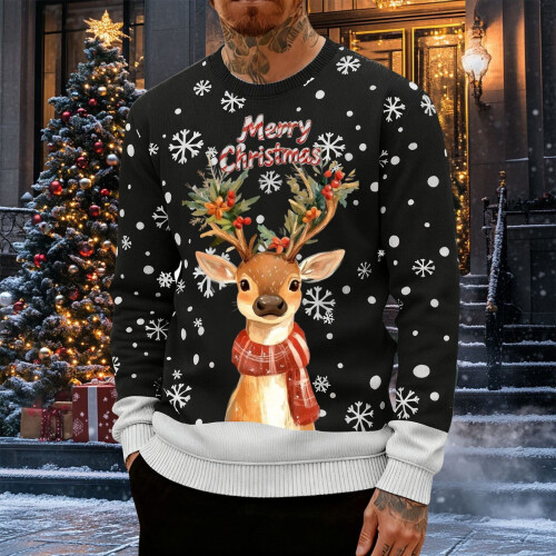 Sweatshirt mit Rentierprint, langärmlig, schwarz, XL