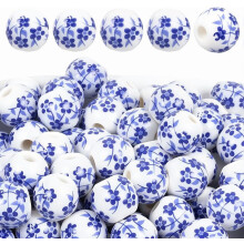 8 mm blauwe porseleinen kralen met bloemenmotief, 180 stuks