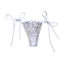 Women's Lace Thong Underwear, Low-Rise T-Back G-String with Tie Side Straps, Hollow-Out Design, Comfortable & Breathable – White