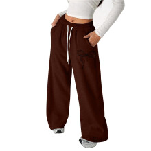 Girl Pants with Bow & Drawstring, Loose Fit Straight Leg Trousers for School & Play – Brown, 12–13 Years