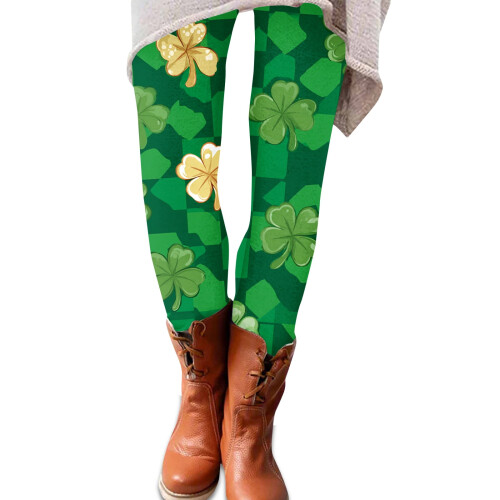 Women's St. Patrick's Day leggings gold clover pattern dark