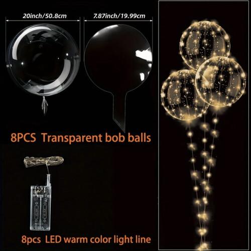 8 LED Floating Balloons, Round, Warm White & Multicolour