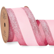 Rosa Satinband mit Drahtverstärkung, 6,35 cm  9,14 m, mit Glitzerrand
