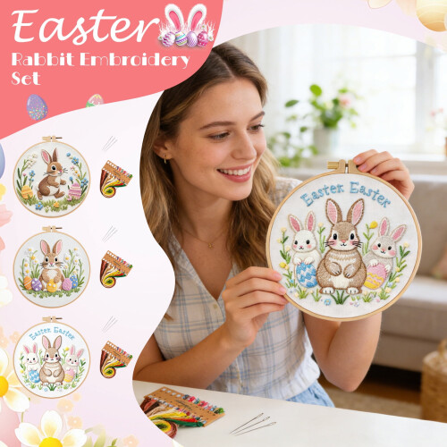 Påskehare broderi DIY-sett med 20 cm bøyle