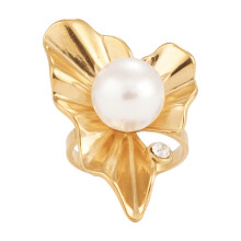 Anillo de perlas para mujer, acero inoxidable tono dorado con circonita.