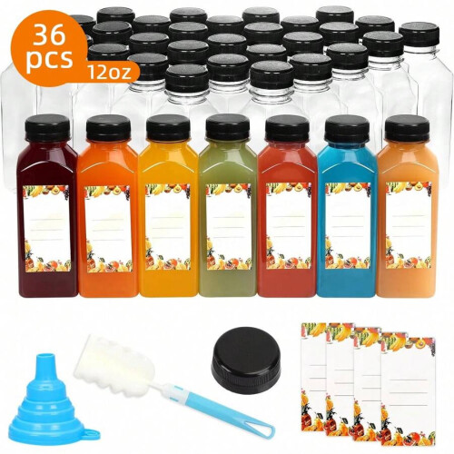 Garrafas de suco de plástico com tampas, 355 ml (12 oz), 36 unidades
