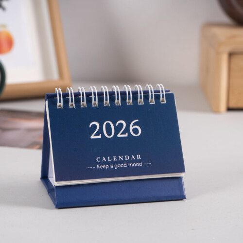 Liten skrivbordskalender2026Månadsplanerare med hopfällbart stativ i mörkblått