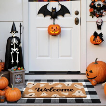 Ensemble de 2 tapis de porte d'Halloween : tapis de bienvenue fantôme en fibre de coco antidérapant + tapis à carreaux noirs et blancs 71 cm x