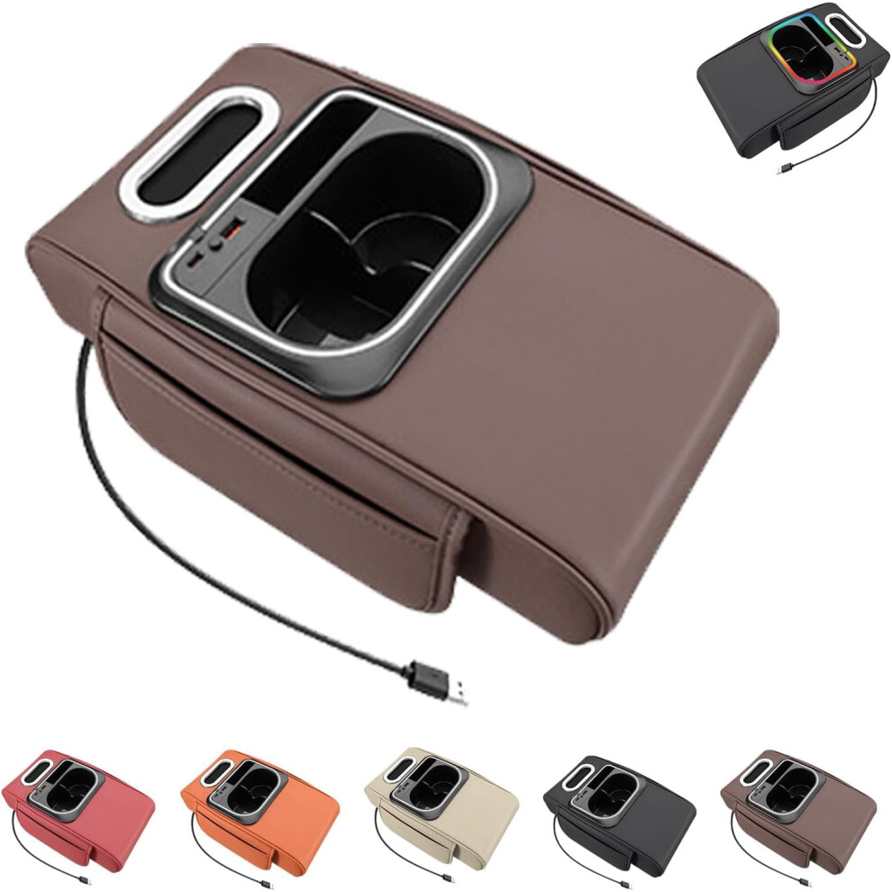 Upgraded Pu Leather Car Armrest Box Mat With Cup Holder, Tissue Holder, Ambient Usb Port Â Easy Install (Brown) Light/Brown 9085618324961