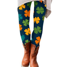 Dameslegging met ruitjespatroon van klavertjes vier en St. Patrick's Day-thema – Zacht, elastisch, lange lengte, marineblauw, maat 2XL