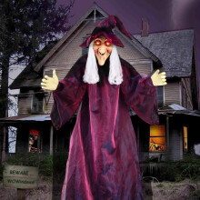 71" závesná halloweenska dekorácia s hovoriacou čarodejnicou v životnej veľkosti, aktivovaná zvukom a s červenými očami, vhodná do