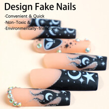 24 faux ongles longs carrés à la française avec strass, pointes blanches, fini nude brillant – Compatibles avec toutes les tailles d'ongles