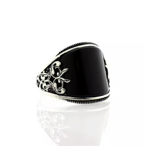 Men's 925 Silver Black Obsidian Ring Size 6-12