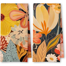 Lot de 2 torchons de cuisine à motifs floraux bohèmes abstraits, 40 x 60 cm, torchons colorés pour la cuisine et la salle de bain.