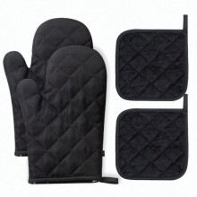 Ensemble de 6 maniques et gants de cuisine en coton résistant aux hautes températures, extra épais et longs (noir).