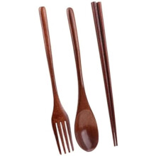 Ensemble de 3 couverts Pekkaxy (fourchette, baguettes, cuillère) - Vaisselle portable chinoise en bois - Service de table - Ustensiles à long