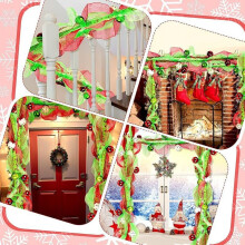 2 stuks 2,7 meter rode en groene kerstslinger van gaas met ballen – Elf, Pepermunt snoepdecoratie voor kerstboom, schoorsteenmantel, deur, trap,