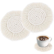 Handgefertigte Makramee-Untersetzer, 2er-Set, 25 cm runde Boho-Getränkematten aus Baumwolle, hitzebeständig und saugfähig – geeignet für