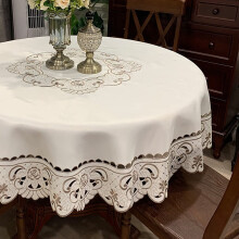 Rund duk med blomsterbroderi og blonder, krøllefri og flekkbestandig stoffduk, bordduk til kjøkkenmiddag (rund 150 cm)