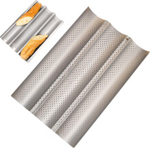Nonstick Baguette Pan Set with Proofing Cloth & Dough Cutter – 3-Slot Perforated Loaf Mold (10"x15"), Compatible with Home Ovens