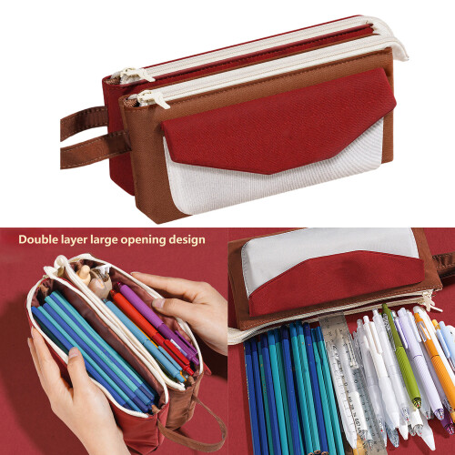 Double Layer Large Capacity Pen Case Smooth Zippers-Blue 2