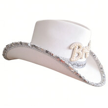 Elegant Pearls Letter Cowboy Cap Sparkling Sequins Trim-White