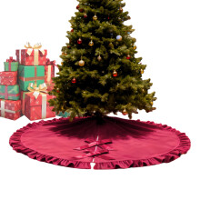 3 Pcs Ruffled Velvet Christmas Tree Skirt with Foam Padding, Nylon Backing and Lace Up Tie Closure, Burgundy(52in)