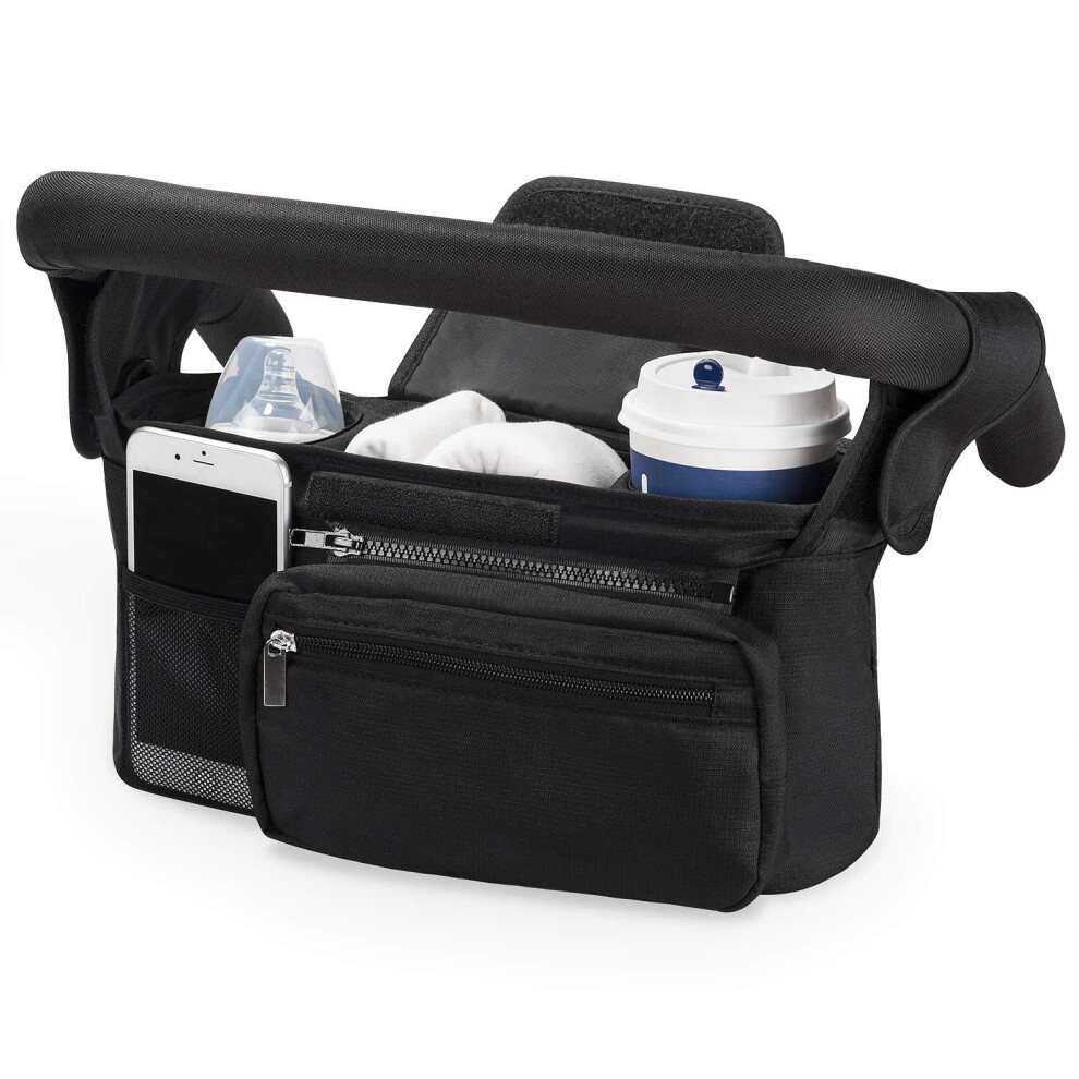Universal Stroller Organizer with Insulated Cup Holder Detachable Phone Bag & Shoulder Strap, Fits for Stroller like and Pet Stroller
