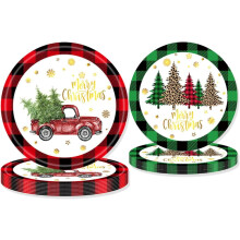48 assiettes en carton rustiques de Noël avec camions et sapins, bordure à carreaux rouges, verts et noirs, vaisselle ronde jetable – Idéales