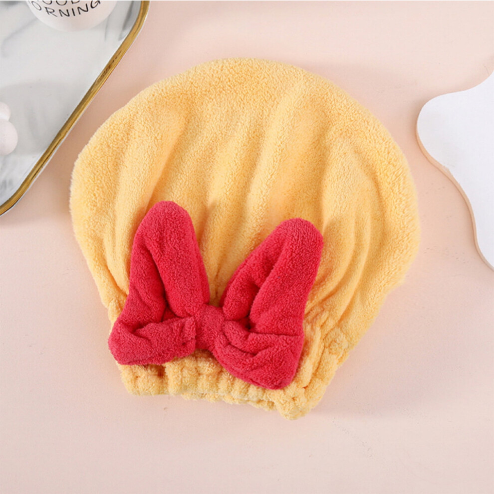 Coral Fleece Dry Hair Cap for Women, Thickened Super Absorbent Quick-Drying Shower Cap, Cute Dry Hair Cap with Bow in Dopamine Color, Yellow