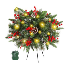Voorverlichte kerstboomversiering voor in een urn, verlichte kunstdennenboom met statief, 8 standen en timer, werkt op batterijen, buitendecoratie