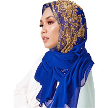 Hijab muçulmano de chiffon - Hijab feminino de chiffon com aplicações de miçangas - Lenço longo com detalhes dourados para o Ramadã, azul,