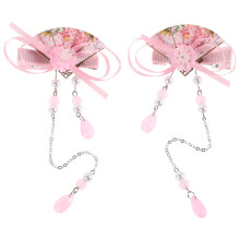 Elegantes pinzas para el cabello de estilo chino con borlas para niñas con trajes Hanfu, tela acrílica rosa.