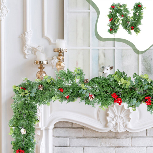 Guirlanda de Natal de pinheiro de 78,74 polegadas com frutos vermelhos e folhas de eucalipto para decoração de lareira, mesa, centro de mesa e