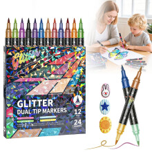 Glitzerpinselmarker mit 24 Farben und zwei Spitzen (12er-Pack), Metallic-Glitzerstifte für Karten, Bastelarbeiten, Malen und Scrapbooking