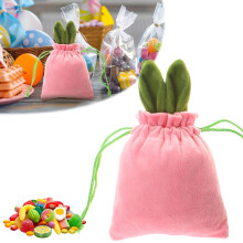 Sac cadeau de Pâques – Pochette en velours à cordon avec oreilles de lapin, sac à friandises réutilisable pour bonbons, bijoux et petits