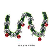 Guirlande de Noël en ruban de rotin de 2 m avec boules et nœuds rouges – Décoration pour cheminée, escaliers et intérieur/extérieur