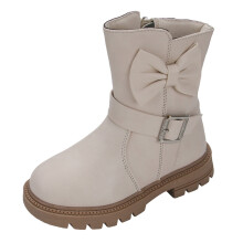 Girls' Mid-Calf Bow Boots with Thick Heels & Soft Soles – Warm, Comfortable Casual Shoes for Big Kids (White, Size 7-8Y)