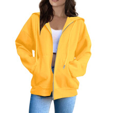 Moletom feminino com capuz e zíper, modelagem solta, cor amarela sólida, estilo streetwear casual, tamanho XL.