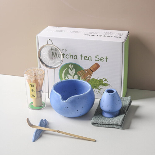 Set da matcha giapponese fatto a mano, 7 pezzi, blu