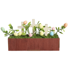 Hantverksmässigt träterrarium med korsdekoration och spräckliga kaninägg – Rustik ängsdekoration och present (kompatibel med påskdekorationer)
