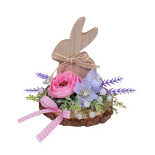 Houten konijn tafeldecoratie met bloemen, paas- en lentefeest centerpiece voor thuis – 14 cm, geschikt voor etagères