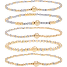Gold Beaded Stack Bracelets Set For Women, 5Pcs Boho Handmade Small Beads Stackable Stretch Layered Outfit Accessories Jewelry Gift.