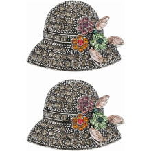 2 broșe pentru pălării în culori mixte cu floare cu stras (26x33mm), aliaj de zinc, argint antic, compatibile cu pălării și accesorii de modă
